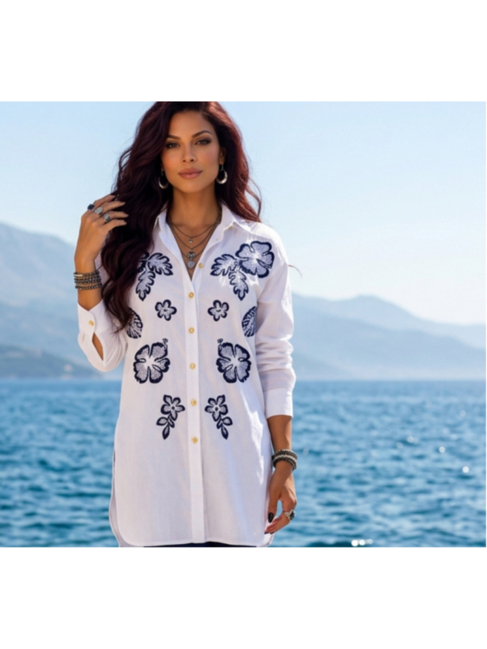 Escada Oversized Embroidered Long Button Down Shirt Size 34/S Coastal Luxe NWOT